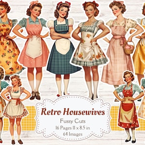 Casalinga retrò Fussy Cuts Vintage anni '50 Donne Bambole di carta Stampabili 50s Junk Journal Retro Scrapbook Supplies 50s Kitchen Ephemera Cutouts