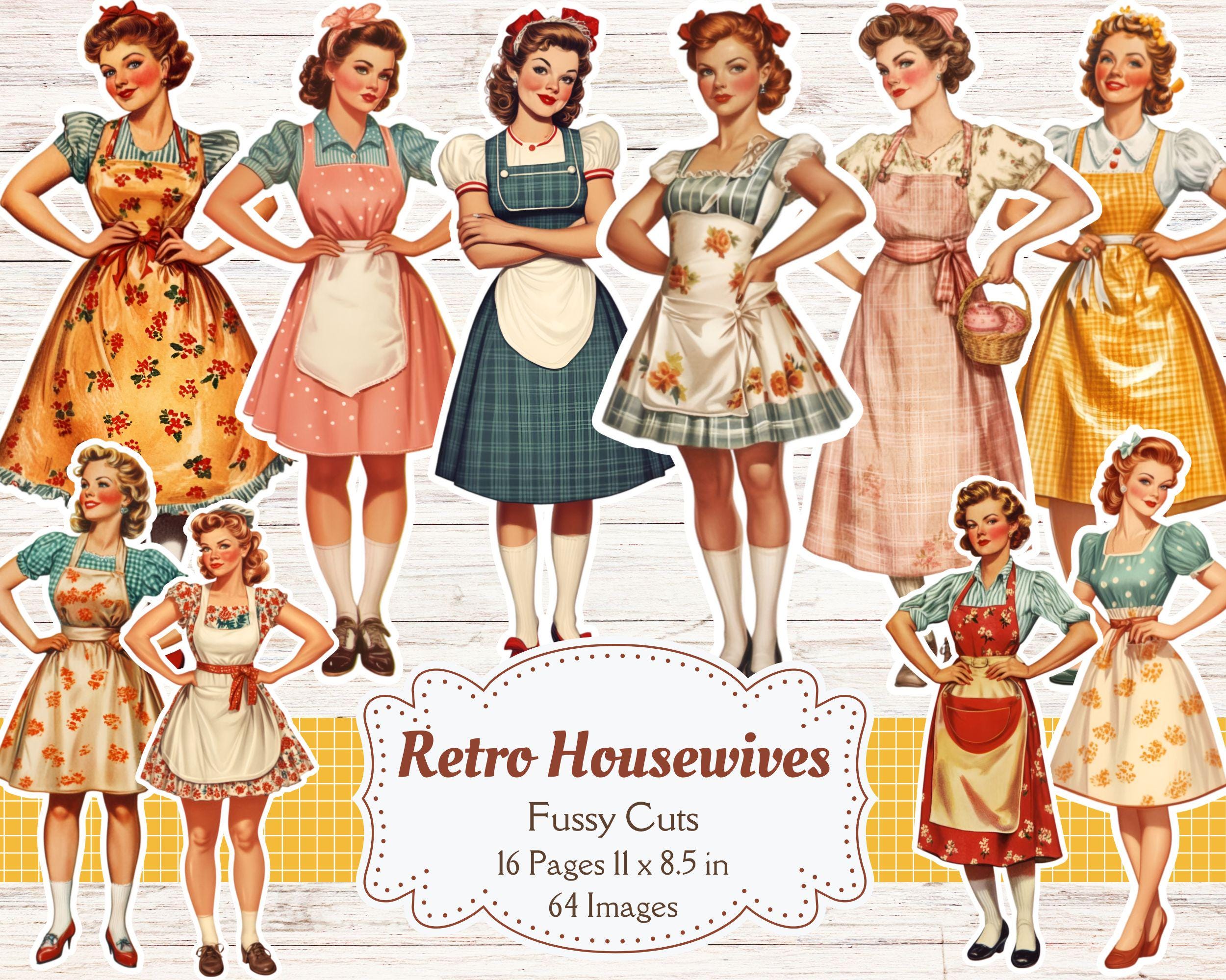 Retro Housewife Fussy Cuts Vintage 1950s Women Paper Dolls Printables 50s Junk Journal Retro Scrapbook Supplies 50s Kitchen Ephemera Cutouts