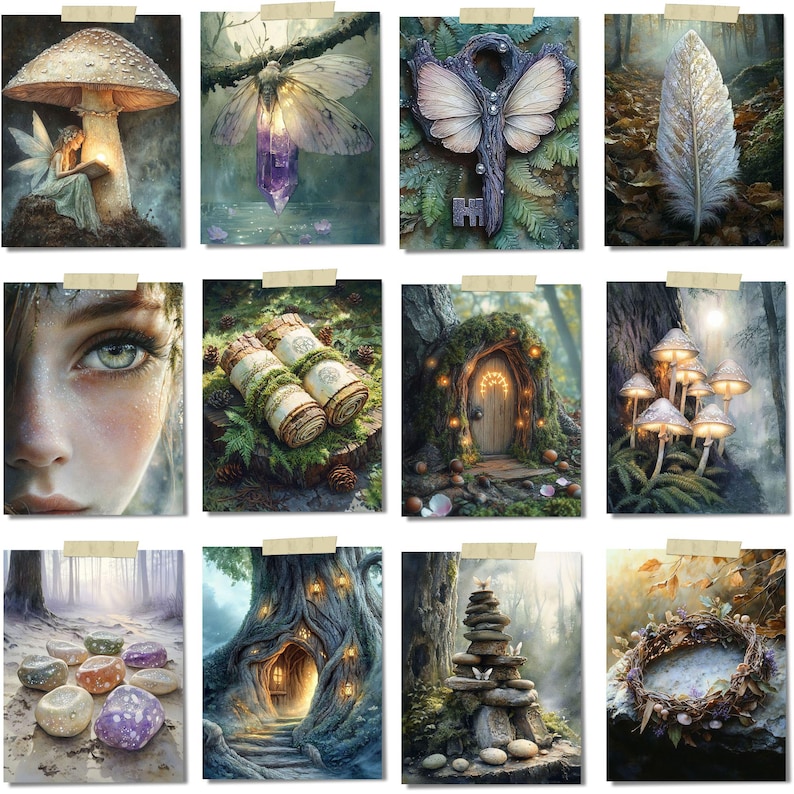 Op de afbeelding: Een verzameling van twaalf fantasiekunstprints met grillige sc&egrave;nes. De afbeeldingen bevatten een fee, een paddenstoel, een sleutel, een veer, een gezicht, rollen, een deur, paddenstoelen, stenen, een boom met een deur, een stenen stapel en een krans.