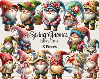 Spring Gnome Fussy Cuts Stickers: Whimsical Printable Ephemera (Digital Download