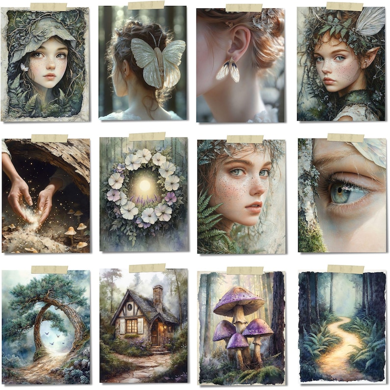 Op de afbeelding: Een verzameling van twaalf fantasiekunstprints, elk met etherische sc&egrave;nes. De afbeeldingen tonen portretten van vrouwen met bloemen- en fee&euml;rieke versieringen, boslandschappen en grillige elementen zoals paddenstoelen en een gloeiende krans. De prints zijn op een neutrale achtergrond geplakt.