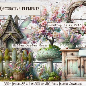 Puede incluir: Una composici&oacute;n de arte digital con una casa de hadas, una seta y una corona floral. La imagen incluye texto que dice "Decorative Elements", "Hidden Garden Magic" y "Dewdrop Fairy Path". La imagen tambi&eacute;n indica "330+ IM&Aacute;GENES 21.59 x 27.94 CM EN 300 DPI ARCHIVOS JPG DESCARGA INSTANT&Aacute;NEA".