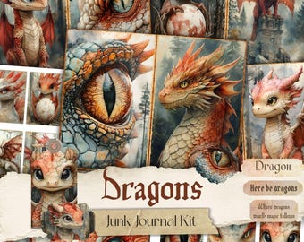 Dragon Junk Journal Kit, Mystical Ephemera Pages (Digital Download)