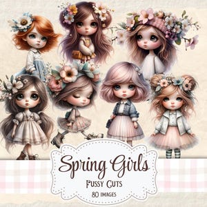 Primavera Ragazze Fussy Cuts Cottage Girl Printables Whimsical Girl Junk Journal Stampabile Scrapbook Forniture Creazione di biglietti Ephemera digitale Cricut