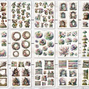 Puede incluir: Una colecci&oacute;n de pegatinas de acuarela con hadas, gnomos, coronas florales, setas y muebles en miniatura. Las pegatinas son de colores pastel suaves, con ilustraciones detalladas de escenas y personajes caprichosos.