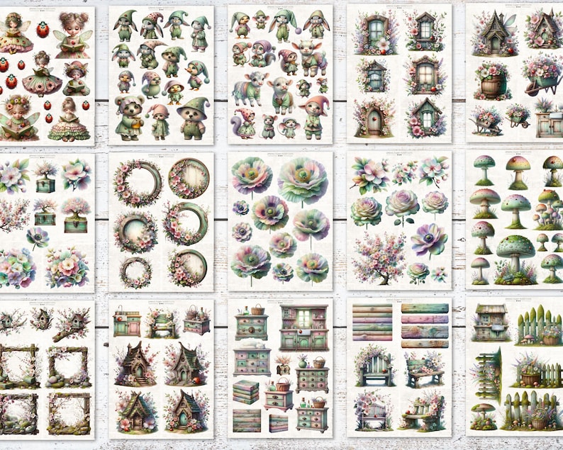 Puede incluir: Una colecci&oacute;n de pegatinas de acuarela con hadas, gnomos, coronas florales, setas y muebles en miniatura. Las pegatinas son de colores pastel suaves, con ilustraciones detalladas de escenas y personajes caprichosos.