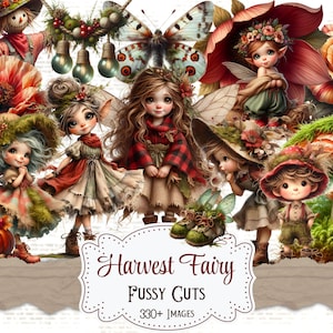 Può includere: Illustrazione digitale con fate, zucche e fiori dai colori autunnali. Le fate indossano cappelli e ali. L'immagine include il testo "Harvest Fairy Fussy Cuts 330+ Images".