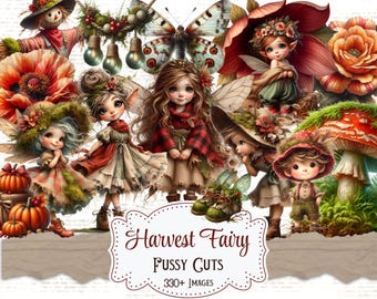 May include: A digital illustration featuring several fairies, pumpkins, and flowers. The fairies are dressed in autumn colors, with wings and hats. The image includes the text "Harvest Fairy Fussy Cuts 330+ Images."