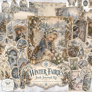 Może przedstawiać: Zestaw do junk journalu Winter Fairies zawierający kolekcję papierowych efemeryd, zawieszek i stron z ilustracjami wróżek, przebiśniegów, ptaków i zimowych krajobrazów. Centralna etykieta zawiera napis Winter Fairies Junk Journal Kit.