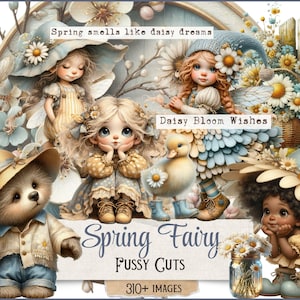 Puede incluir: Una ilustración caprichosa con hadas, un oso de peluche y un patito, todos adornados con margaritas. La imagen incluye el texto "Spring smells like daisy dreams", "Daisy Bloom Wishes" y "Spring Fairy Fussy Cuts 310+ Images". La paleta de colores es suave, con azules pastel, amarillos y cremas.