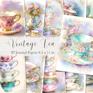 Vintage thee ongewenste dagboekpagina's theepot afdrukbare items theekopjes plakboek benodigdheden aquarel theekransje digitaal papier, kortstondige afternoon tea