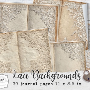 May include: A selection of vintage journal pages featuring delicate lace edging. The pages have a cream hue and a distressed appearance. The text "Lace Backgrounds" and "20 journal pages 27.9 x 21.6 cm" are visible. A small lock is also present.