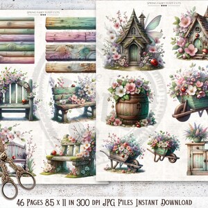 Puede incluir: Hoja de collage digital con ilustraciones en acuarela de casas de hadas, bancos, carretillas y arreglos florales. Las im&aacute;genes tienen una paleta de colores pastel con el texto "SPRING FAIRY FUSSY CUTS" y "46 P&Aacute;GINAS 21.59 x 27.94 cm 300 DPI JPG ARCHIVOS DESCARGA INSTANT&Aacute;NEA".