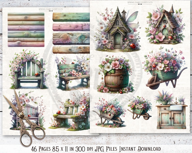 Puede incluir: Hoja de collage digital con ilustraciones en acuarela de casas de hadas, bancos, carretillas y arreglos florales. Las im&aacute;genes tienen una paleta de colores pastel con el texto "SPRING FAIRY FUSSY CUTS" y "46 P&Aacute;GINAS 21.59 x 27.94 cm 300 DPI JPG ARCHIVOS DESCARGA INSTANT&Aacute;NEA".