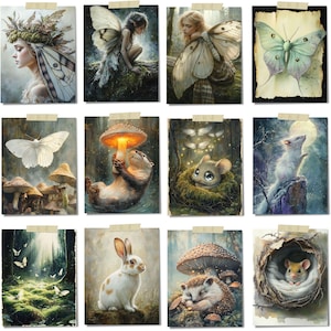 Op de afbeelding: Een verzameling van twaalf fantasiekunstprints met boswezens en fee&euml;n. De prints tonen gedetailleerde illustraties van een fee met vlindervleugels, een wit konijn, een slapende egel en een muis in een nest. Het kleurenpalet omvat groen, bruin en zachte pasteltinten.
