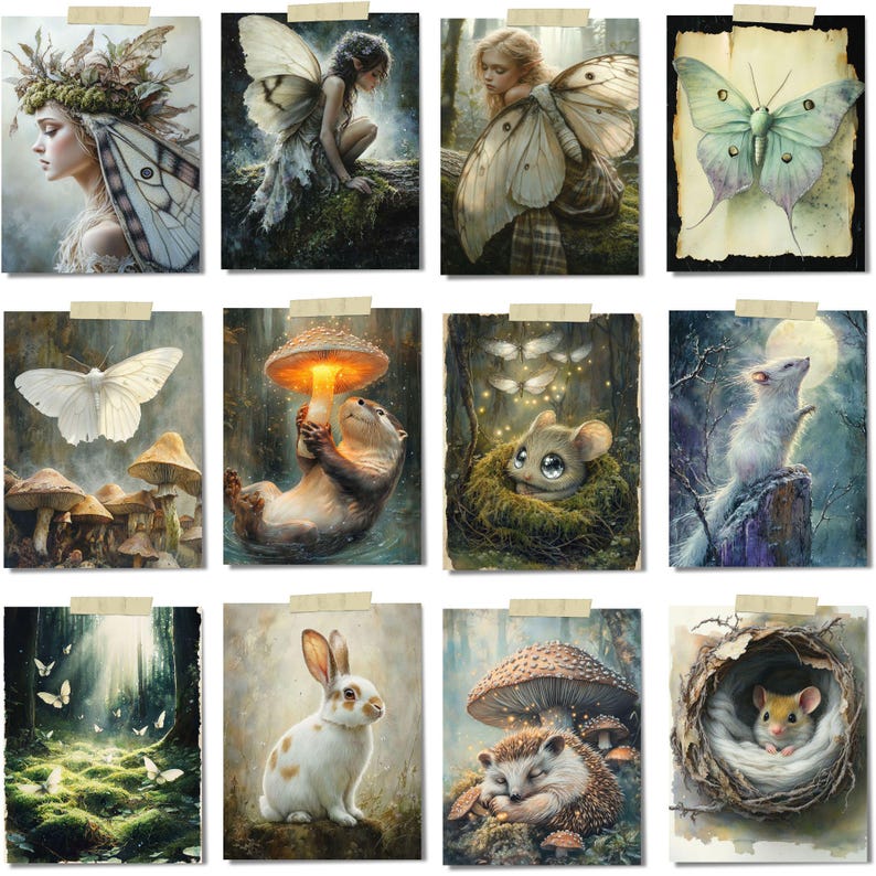 Op de afbeelding: Een verzameling van twaalf fantasiekunstprints met boswezens en fee&euml;n. De prints tonen gedetailleerde illustraties van een fee met vlindervleugels, een wit konijn, een slapende egel en een muis in een nest. Het kleurenpalet omvat groen, bruin en zachte pasteltinten.