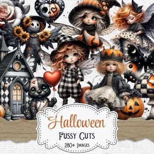 Könnte beinhalten: Eine digitale Collage mit Halloween-Illustrationen. Das Bild zeigt Feen, einen Hund mit einem Herzballon, ein Haus, Kürbisse und einen Pilz. Der Text "Halloween Fussy Cuts" wird in einem dekorativen Rahmen mit "280+ IMAGES" darunter angezeigt.