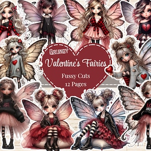 Autocollants de fée grungy pour la Saint-Valentin, imprimés féeriques, journal indésirable lunatique, fournitures de scrapbooking, fabrication de cartes, éphémères numériques de fées