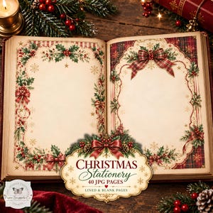 Può includere: Un libro aperto con pagine color crema caratterizzate da bordi natalizi decorativi con agrifoglio, bacche rosse, rami di pino e nastri scozzesi. Un'etichetta centrale riporta il testo CHRISTMAS Stationery 40 JPG PAGES LINED & BLANK PAGES.