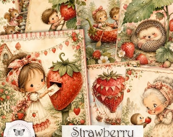 Strawberry Junk Journal Kit, Cottagecore Printable Pages, Whimsical Storybook Scrapbook Papers, Strawberry Ephemera, Digital Download