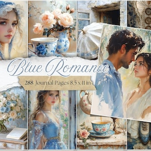 Blaue Romantik Junk Journal Seiten Blau Toile & Cream Vintage Digitale Papiere Shabby Chic Scrapbooking Druckbare Romantische Ephemera Florale Seiten