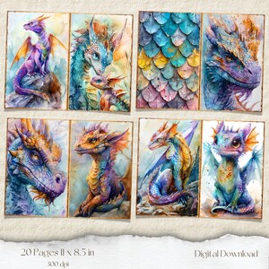 May include: A digital download of 20 printable pages featuring watercolor illustrations of dragons in various poses and colors. The pages are 11 x 8.5 inches and 300 dpi.