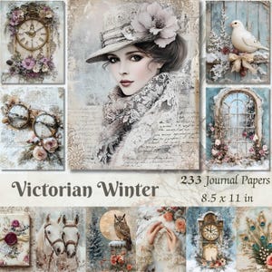 Páginas de diário de lixo de inverno vitoriano, imprimíveis vintage de Natal, papéis de scrapbooking de inverno gelado, kit de itens efêmeros chiques e surrados, download digital