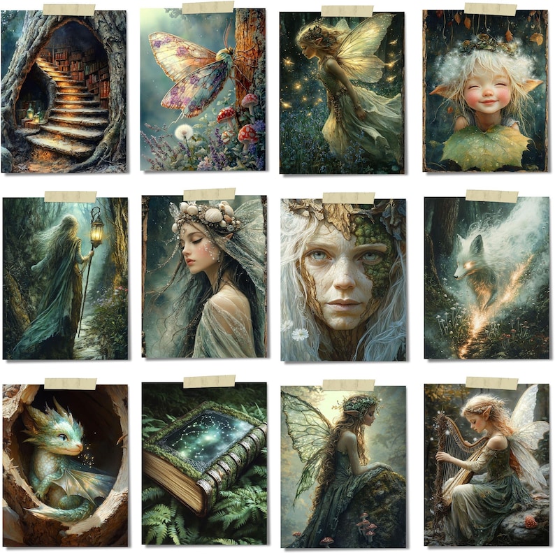 Peut inclure: Une collection de douze impressions d'art fantastiques repr&eacute;sentant des cr&eacute;atures et des sc&egrave;nes mystiques. Les images incluent des f&eacute;es, un dragon, un renard et un escalier menant dans une for&ecirc;t. La palette de couleurs est domin&eacute;e par les verts, les bleus et les tons terreux.