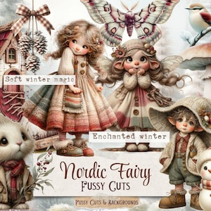 Nordic Winter Fairy Fussy Cuts – Scandinavian Winter Fairies, Cottagecore Printable Ephemera, Digital Download