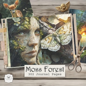以下が含まれることがあります： 「Moss Forest」というタイトルの302ページのジャーナル。森の精霊、蛾、鹿のイラストが特徴です。小さな天使のフィギュアやヴィンテージのハサミなどの装飾要素が含まれています。