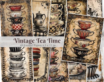 Puede incluir: Paquete de papel digital con temática de hora del té vintage con 45 papeles de diario, cada uno mide 8,5 x 11 pulgadas. Los papeles presentan pilas de tazas de té, teteras, macarons y otros elementos de fiesta de té vintage.