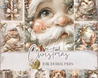 Páginas de diario navideño en tonos pastel: imprimibles navideños en acuarela, efímeras navideñas vintage, descarga digital