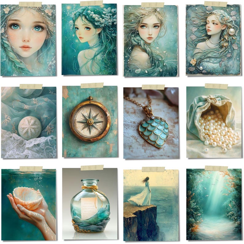 Op de afbeelding: Een verzameling van twaalf kunstprints met een zeemeermint thema. De prints tonen illustraties van zeemeerminnen, een kompas, een zeeschelp, een ketting, een zak met parels en een vrouw op een klif. Het kleurenpalet omvat tinten van teal, blauw en goud.