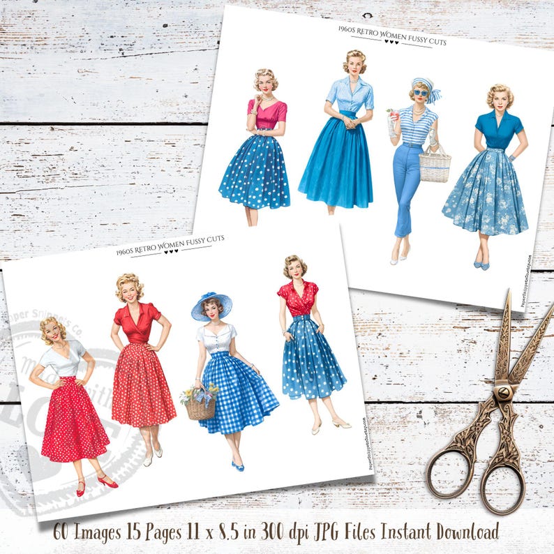 May include: Two sheets of paper with vintage illustrations of women in 1960s outfits. The women are shown in skirts, blouses, and trousers. The text "1960s Retro Women Fussy Cuts" is visible. The bottom of the image includes the text "60 Images 15 Pages 27.9 x 21.6 cm in 300 dpi JPG Files Instant Download".