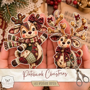 May include: Two die-cut paper reindeer figures featuring patchwork patterns in red, green, and cream. The reindeer are decorated with bows, bells, and star accents. The text Patchwork Christmas and 20 FUSSY CUTS is visible on a banner overlay.