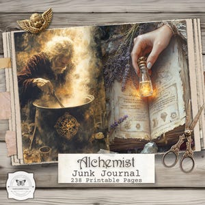 May include: An open book with illustrations of an alchemist and a hand holding a small bottle. The book is labeled "Alchemist Junk Journal" with "238 Printable Pages". The image has a vintage, antique aesthetic with a wooden background.