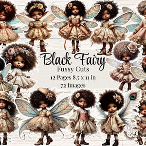Fée noire coupes pointilleuses Stickers imprimables fées Journal indésirable fantaisiste Fournitures pour albums féeriques Cartes ATC numériques Éphémères Shabby Chic
