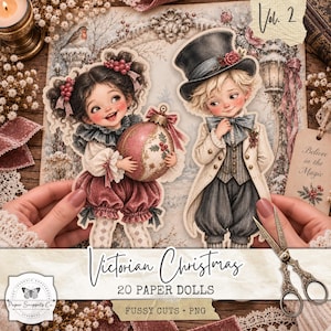 May include: Two die-cut paper dolls featuring a child with dark hair holding a pink Christmas ornament and a child with blonde hair wearing a top hat. The dolls are illustrated in a vintage style with detailed clothing, including ruffles and vests.