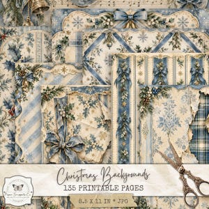 Könnte beinhalten: Eine Sammlung druckbarer digitaler Papiere mit weihnachtlichen Mustern im Vintage-Stil in Blau-, Creme- und Grüntönen. Die Designs zeigen Stechpalmenblätter, Tannenzapfen, Schneeflocken, gestreifte Bänder und Schleifen. Text: Christmas Backgrounds 135 Printable Pages 8.5 x 11 in JPG.