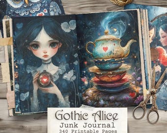 Gothic Alice im Wunderland Junk Journal Seiten - Dark Tea Party, druckbare Ephemera, digitaler Download