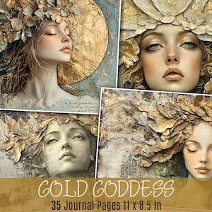 Puede incluir: Un collage de cuatro imágenes que muestran a una mujer con una corona dorada y hojas en el pelo. Las imágenes están en formato cuadrado y tienen un ambiente vintage y etéreo. El texto "GOLD GODDESS 35 Journal Pages 11 x 8.5 in" está en la parte inferior del collage.
