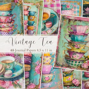 Páginas de diário de chá vintage, imprimíveis de xícaras de chá, suprimentos para scrapbooking de chá da tarde, papéis digitais antigos para chá, itens efêmeros vitorianos