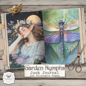 Puede incluir: Diario basura abierto con ilustraciones en acuarela. Una página presenta un hada durmiente con una corona de flores bajo un cielo iluminado por la luna. La página opuesta muestra una libélula en una hoja. El diario se titula "Garden Nymphs" con 250 páginas imprimibles.