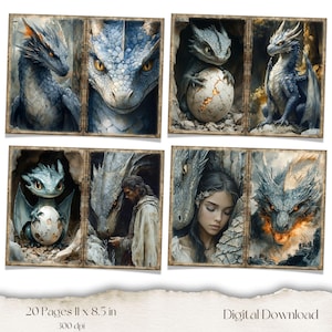 May include: A digital download featuring fantasy art with dragons. The artwork showcases various dragon illustrations in shades of blue, gray, and gold. The text on the image reads "20 Pages 11 x 8.5 in 300 dpi" and "Digital Download".