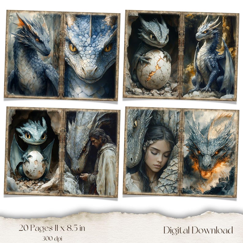 May include: A digital download featuring fantasy art with dragons. The artwork showcases various dragon illustrations in shades of blue, gray, and gold. The text on the image reads "20 Pages 11 x 8.5 in 300 dpi" and "Digital Download".