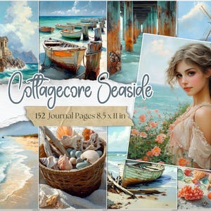 Páginas de diario basura costeras de estilo cottagecore, collage costero imprimible oceánico, efímeras playeras, papeles digitales costeros, álbum de recortes de verano, cabaña marina