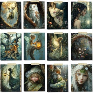 Peut inclure: Une collection de douze estampes d'art fantastique repr&eacute;sentant des cr&eacute;atures des bois et des &ecirc;tres mystiques. Les estampes repr&eacute;sentent un cerf, un hibou, une f&eacute;e, un renard et d'autres personnages enchanteurs dans un cadre forestier. Chaque estampe est fix&eacute;e avec du ruban adh&eacute;sif.