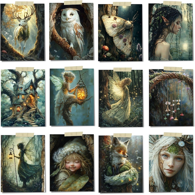 Peut inclure: Une collection de douze estampes d'art fantastique repr&eacute;sentant des cr&eacute;atures des bois et des &ecirc;tres mystiques. Les estampes repr&eacute;sentent un cerf, un hibou, une f&eacute;e, un renard et d'autres personnages enchanteurs dans un cadre forestier. Chaque estampe est fix&eacute;e avec du ruban adh&eacute;sif.
