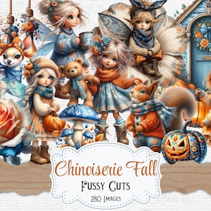 Op de afbeelding: Digitale illustratie met feeërieke figuren in herfstkleding. De afbeelding bevat een eekhoorn, een teddybeer en een pompoen met gezicht, met de tekst "Chinoiserie Fall Fussy Cuts 280 Images."
