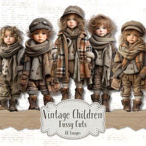 May include: Five children dressed in vintage-style clothing, including coats, scarves, and hats. The children are wearing brown boots and pants. The image has a sepia tone. The text "Vintage Children Fussy Cuts 60 Images" is at the bottom.